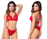 Red lace lingerie two piece set by Mapale featuring intricate floral patterns and a halter neckline in red