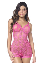 A vibrant pink lace romper-babydoll with floral patterns and sheer form-fitting design by mapale 8972
