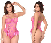 Pink lace bodysuit with intricate floral patterns and delicate side ties from mapale 8976 teddy color pink