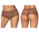 Brown lace boyshort underwear with delicate floral pattern and scalloped edges in cocoa by mapale 90 lace