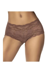 Brown lace boyshort underwear in cocoa color featuring a delicate intricate lace pattern by mapale 90 lace