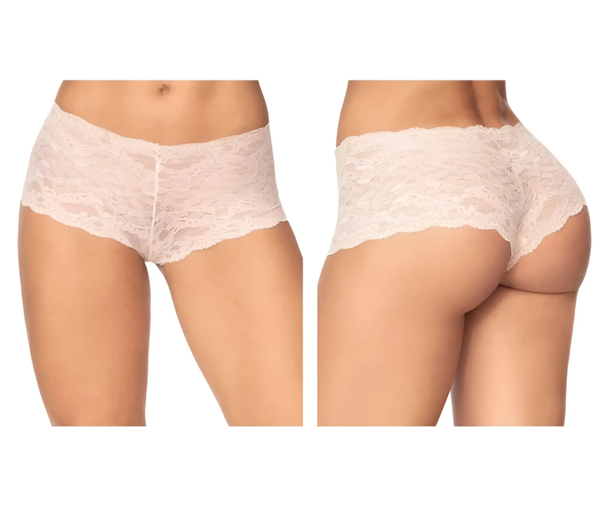 Delicate blush lace high-waisted Mapale 90 lace boyshort underwear in ivory with scalloped edge and front zipper
