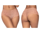 Beige taupe mapale 90 lace boyshort underwear with delicate floral pattern and scalloped edges front side view