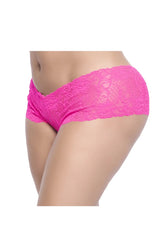 Bright pink lace-trimmed women’s boyshort underwear by mapale made from lace and mesh fabric