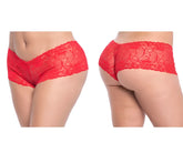 Red lace boyshort underwear by mapale featuring intricate floral patterns and a seamless design in vibrant red