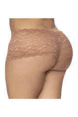 Beige taupe lace boyshort underwear by Mapale with delicate floral pattern and scalloped edge detailing