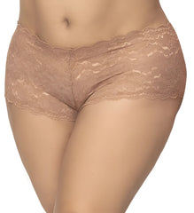 Beige taupe lace Mapale 90X boyshort underwear with delicate floral pattern and scalloped edge