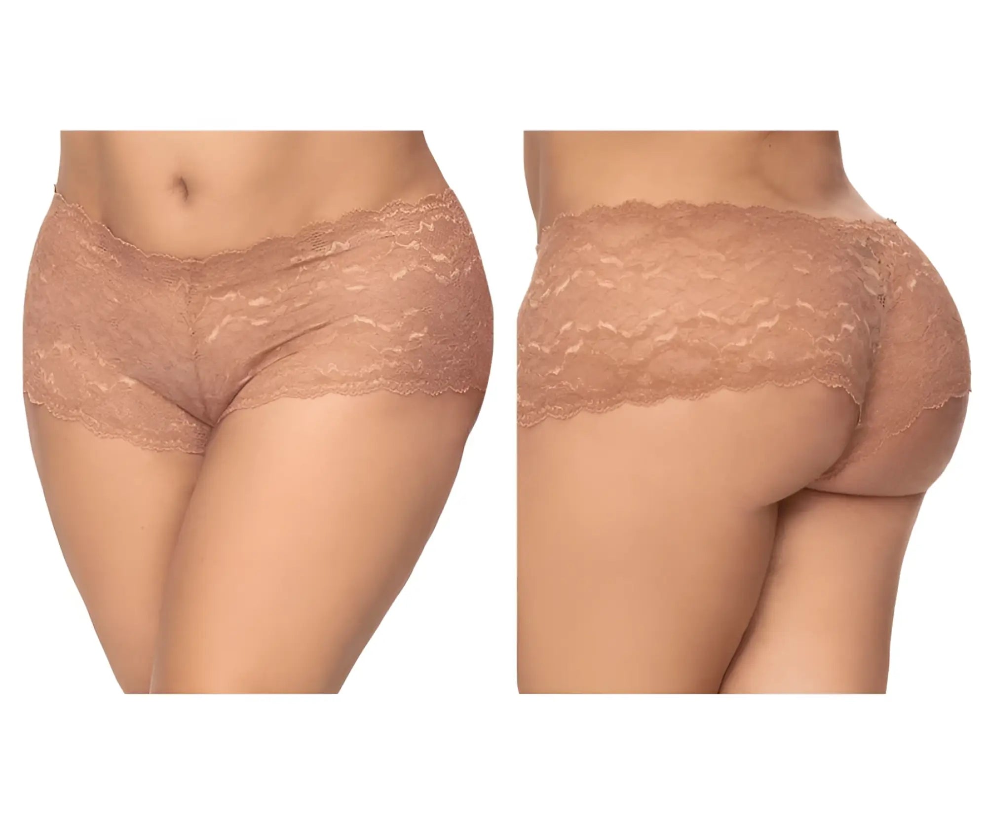 Taupe mapale 90x lace boyshort underwear featuring beige lace with scalloped edge and delicate floral pattern