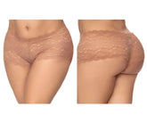 Taupe mapale 90x lace boyshort underwear featuring beige lace with scalloped edge and delicate floral pattern