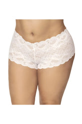 White lace boyshort underwear with scalloped edge and delicate floral pattern by Mapale 90X in white color