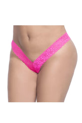 Bright pink lace thong with floral pattern from mapale 93x lace boyshort collection showing front side view