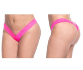Bright pink lace thong with v-shaped front and back design from mapale 93x lace boyshort collection