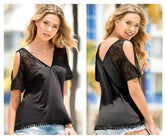 Black mapale 9848 off the shoulder top with lace shoulder cutouts and tassel trim for trendy casual wear