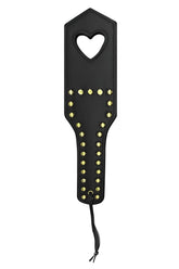 Black leather paddle mapale 998 spanker with heart-shaped cutout and gold studs arranged in rows