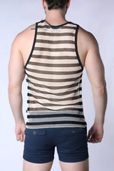 Mariner mesh stripe tank top in black and cream striped mesh with black trim for casual wear