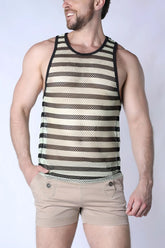 A man wearing a mariner mesh stripe tank top in black and cream striped lightweight breathable fabric