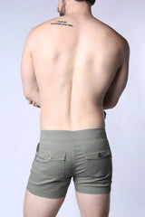 Olive green Mariner sailor short cargo shorts with buttoned flap pockets and tapered leg cut for casual wear