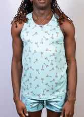 Light blue tank top and matching shorts set with playful pink martini glass pattern martini print tank