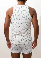 White ribbed tank top and matching shorts set with teal martini glass print in martini print tank collection