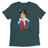 Dark green heathered cotton t-shirt mary poppers featuring colorful graphic of woman in top hat with daisies and gloves