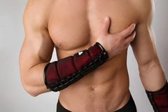 Red and black mesh elbow brace with segmented rigid design maskulo armored color under forearm guard size l