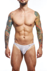 White mesh briefs with a small logo on the front from mob sheer thong featuring sheer breathable fabric