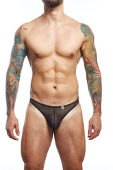 Black sheer mesh thong briefs with a subtle front logo from mob for stylish breathable comfort