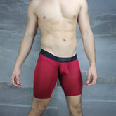 Red men’s modal knee long boxer briefs with black mckillop waistband in burgundy size m for comfortable wear