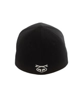 Black fitted mechanic cap showing the back with a white embroidered logo on the cotton fabric