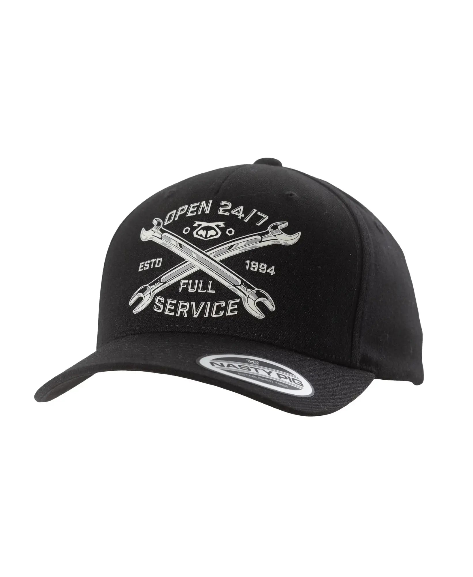 Black nasty pig mechanic cap featuring a white embroidered crossed wrenches logo with open 24 7 estd full service 1984 text