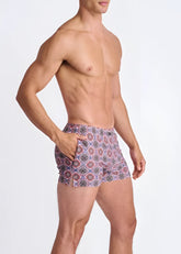 Medallions seersucker swim shorts with mesh lining featuring purple red and gray geometric patterned swim trunks