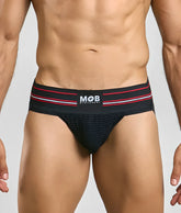 Men 3 inch wide classic jockstrap in black with red and white striped waistband featuring mob eroticwear logo