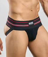 Black eroticwear jockstrap with 3 inch wide red and white striped waistband showing front and back sides
