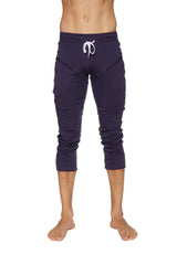Mens navy blue 4/5 zipper pocket capri yoga pants with white drawstring waistband and side pockets
