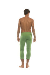 Mens 4/5 zipper pocket capri yoga pants in solid bamboo green with smooth stretchy fabric and form-fitting design