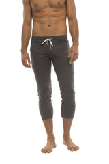 Mens solid charcoal capri yoga pants with white drawstring waistband and side pockets for active wear