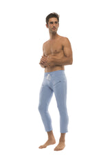 Light blue cropped mens zipper pocket capri yoga pants with drawstring waistband and side pockets for comfort