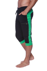 Mens cuffed yoga pants black with green featuring drawstring waistband side pockets and ribbed cuffs for comfort