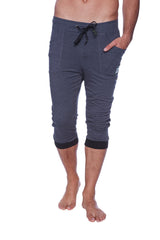Dark gray heathered mens cuffed yoga pants with black drawstring waistband and contrasting black cuffs