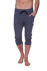 Mens cuffed yoga pants in solid charcoal featuring dark gray heathered fabric black drawstring waistband and side pockets