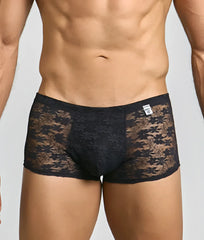 Black lace men’s mesh lace pouch trunk briefs with floral pattern and solid fabric panel on front side