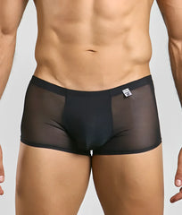 Black sheer mesh briefs with solid black waistband and white brand tag from men’s mesh lace pouch trunk collection