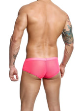 Men’s sheer hip brief in bright pink mesh with a solid pink waistband for comfortable lightweight wear