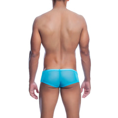 Men’s sheer hip brief in bright turquoise featuring a sheer lightweight fabric and a comfortable hip design