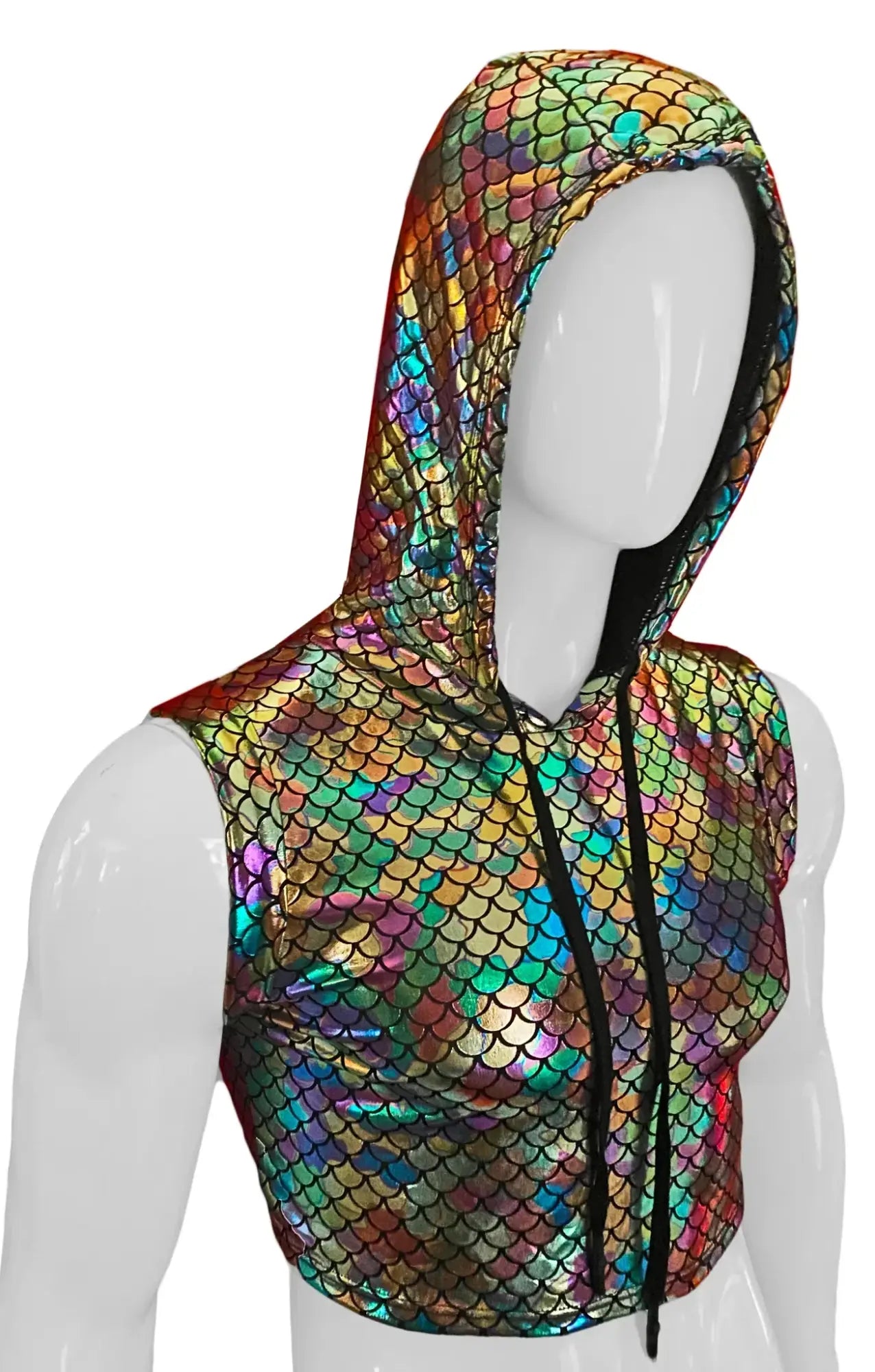A merman hooded crop tank hoodie with iridescent rainbow scale pattern and black drawstrings