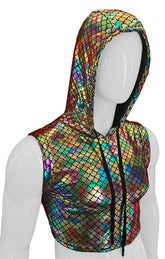 A merman hooded crop tank hoodie with iridescent rainbow scale pattern and black drawstrings