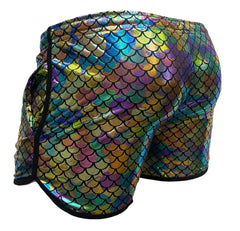 Iridescent mermaid-scale patterned merman short with black trim showcasing front view design and material details
