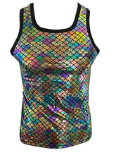 Merman tank shimmering iridescent tank top with vibrant multicolored fish scale pattern and black trim