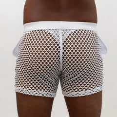 White mesh boxer shorts with a solid white waistband and side pockets showing the back in the mesh back short design