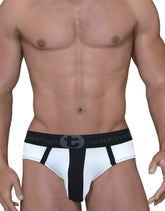 Mesh big boy pouch brief with stripe in white and black mesh featuring a bold central stripe and wildman waistband logo